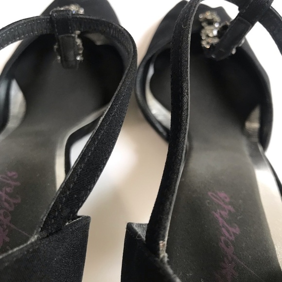 Stuart Weitzman Black Satin Peep Toe Heels Crystal Embellishment T-Strap Sz 5 - Picture 6 of 16